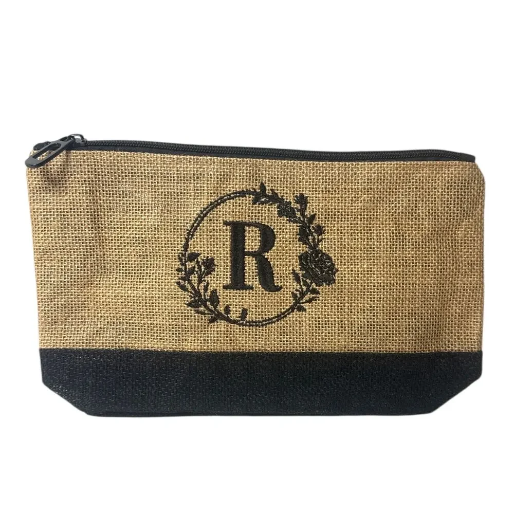 Makeup Bag Jute Cosmetic Pouch Gift Travel Case Monogram Initial R NEW